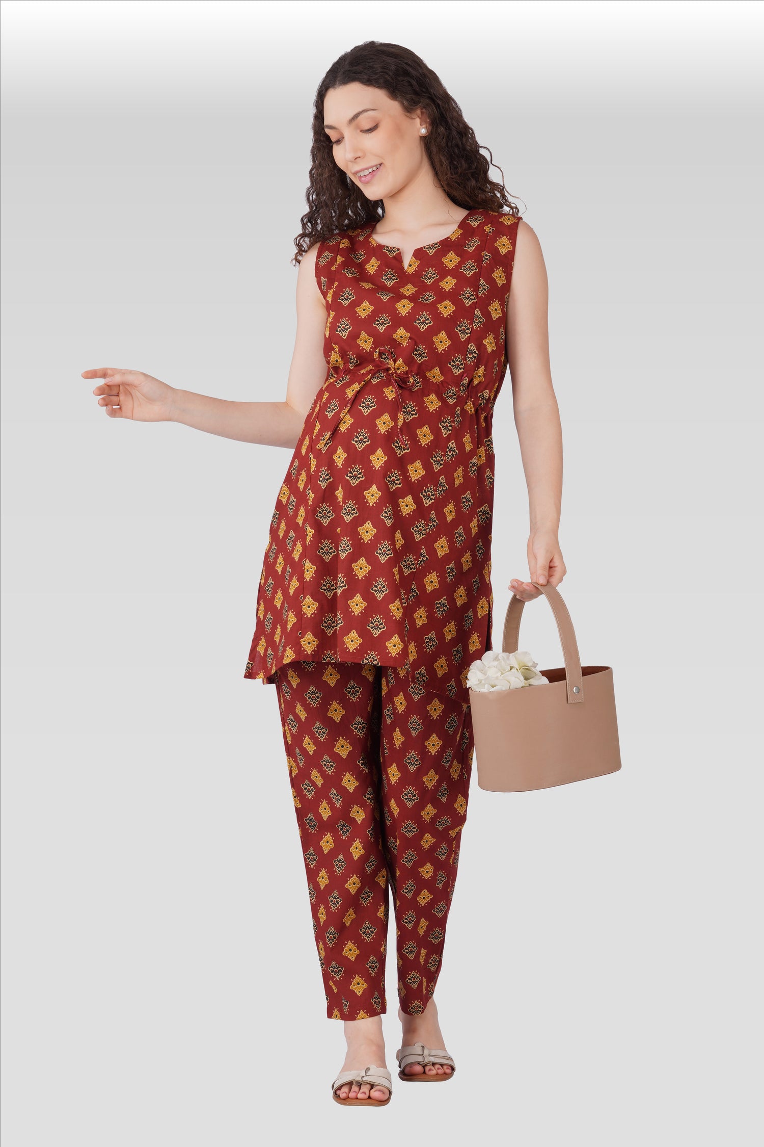 Dark Terracotta Cotton Printed Maternity and Feeding Kurta Set