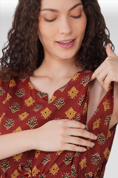 Dark Terracotta Cotton Printed Maternity and Feeding Kurta Set