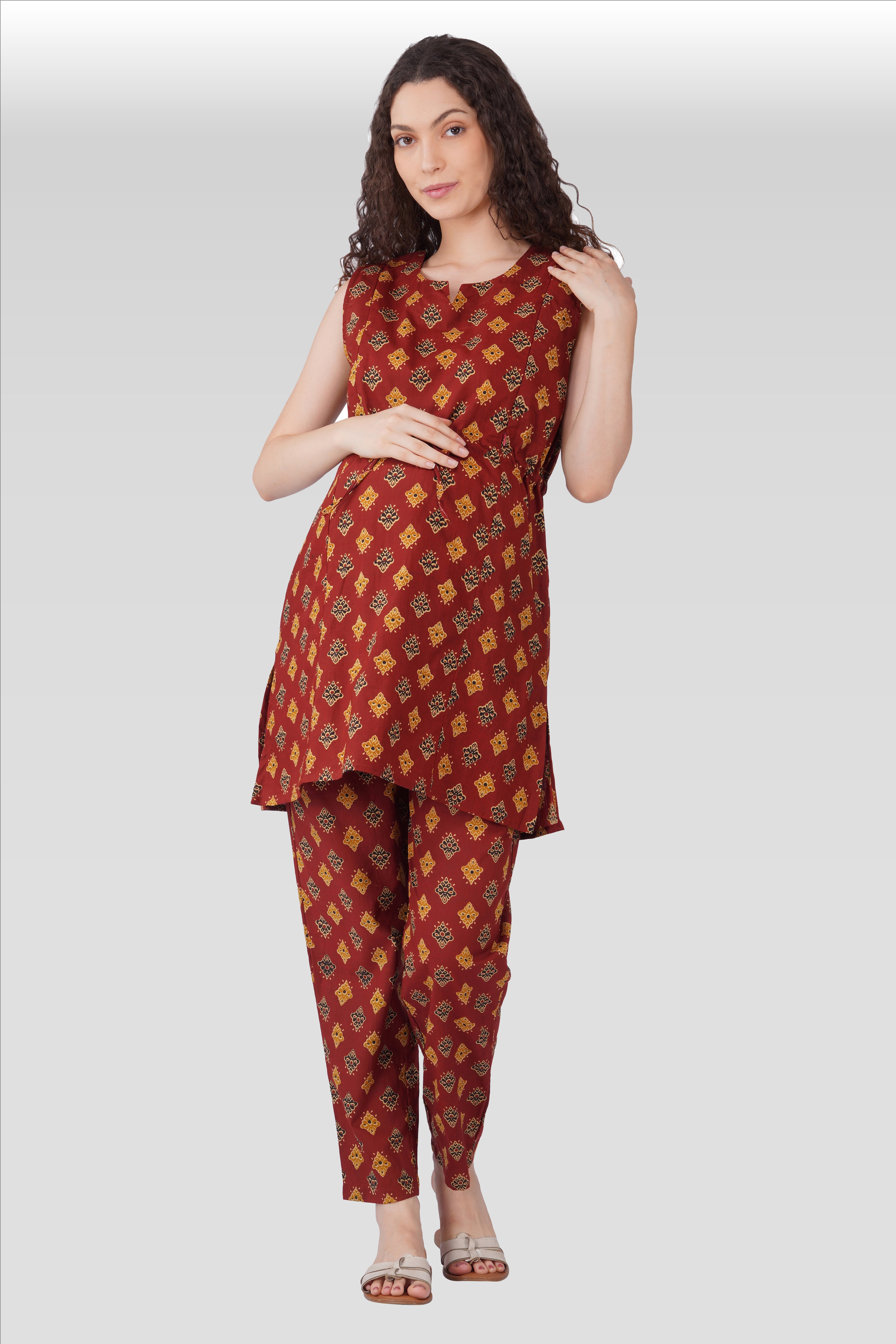 Dark Terracotta Cotton Printed Maternity and Feeding Kurta Set