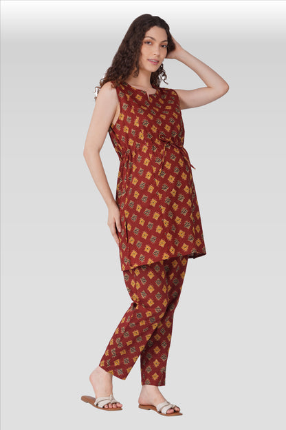 Dark Terracotta Cotton Printed Maternity and Feeding Kurta Set