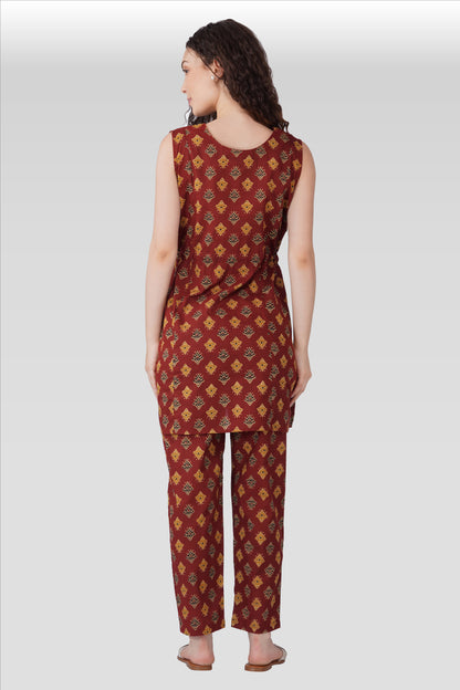 Dark Terracotta Cotton Printed Maternity and Feeding Kurta Set
