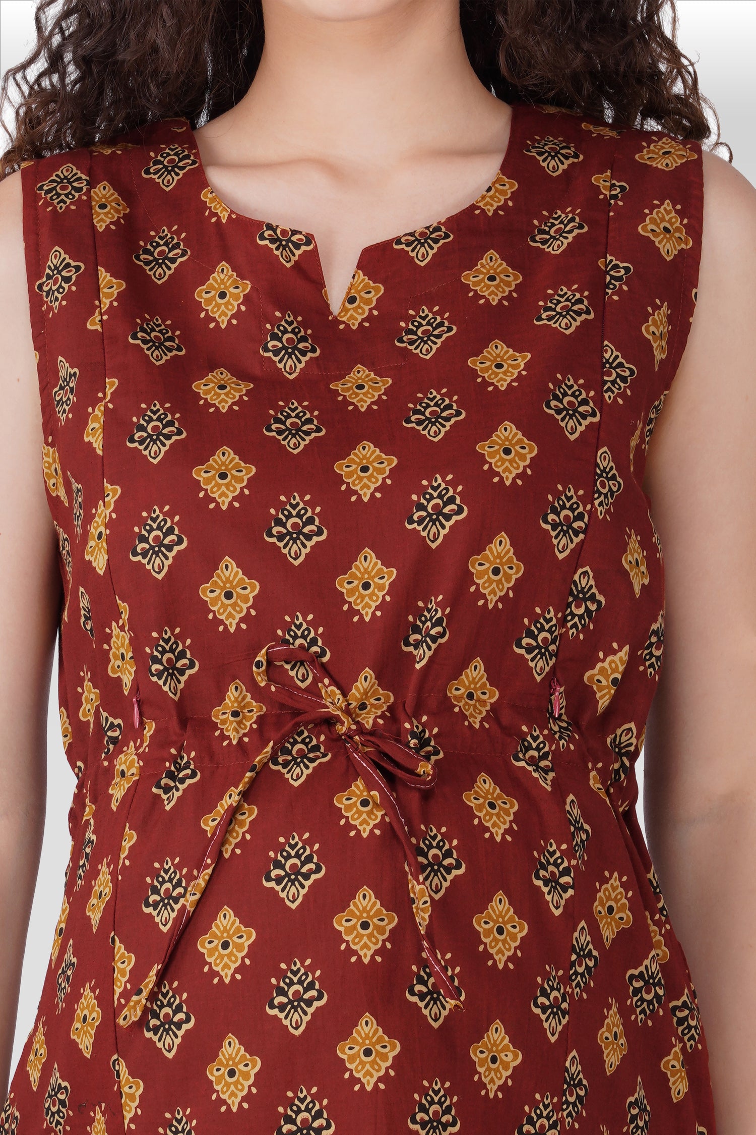 Dark Terracotta Cotton Printed Maternity and Feeding Kurta Set