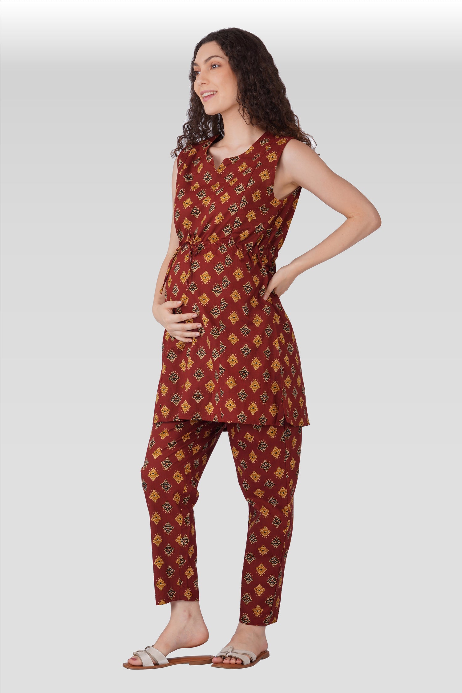 Dark Terracotta Cotton Printed Maternity and Feeding Kurta Set