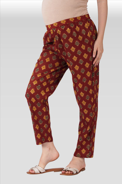 Dark Terracotta Cotton Printed Maternity and Feeding Kurta Set