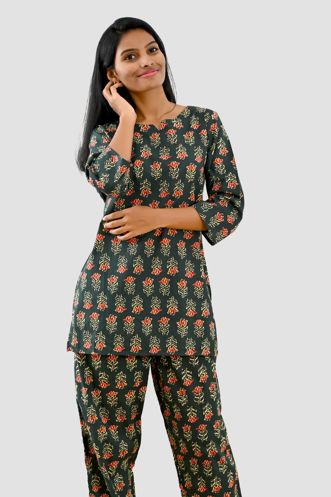 Deep Green Cotton Printed Pyjama Set