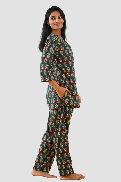 Deep Green Cotton Printed Pyjama Set
