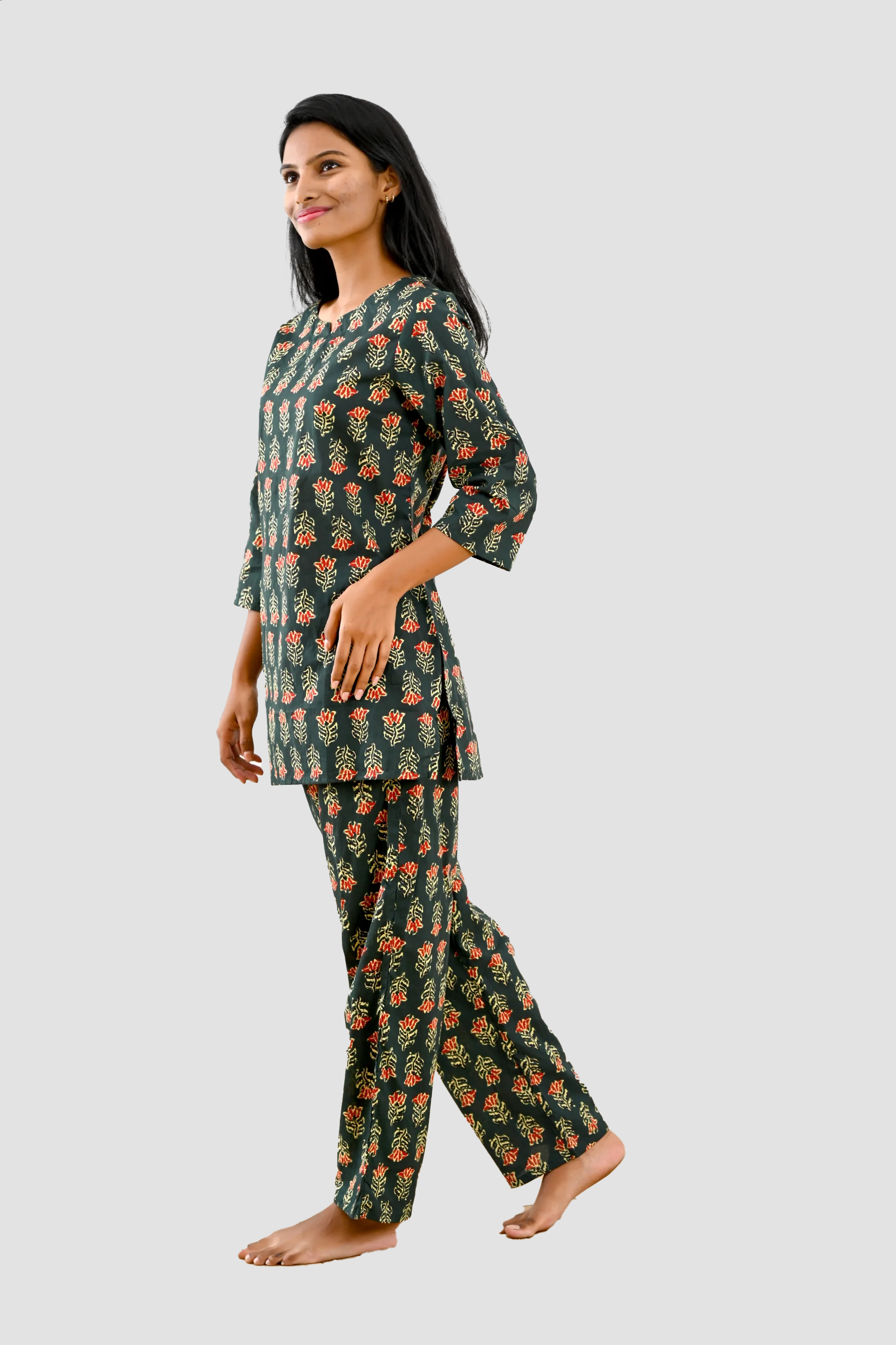 Deep Green Cotton Printed Pyjama Set