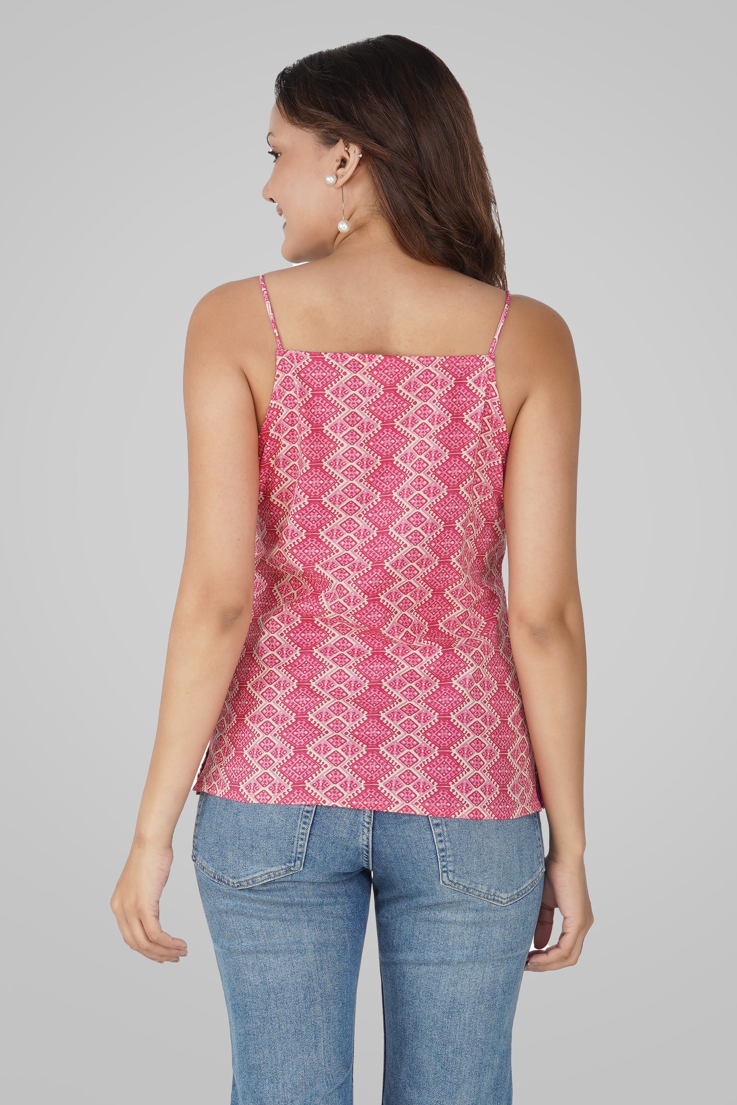 Deep Pink Cotton Printed Strap Top