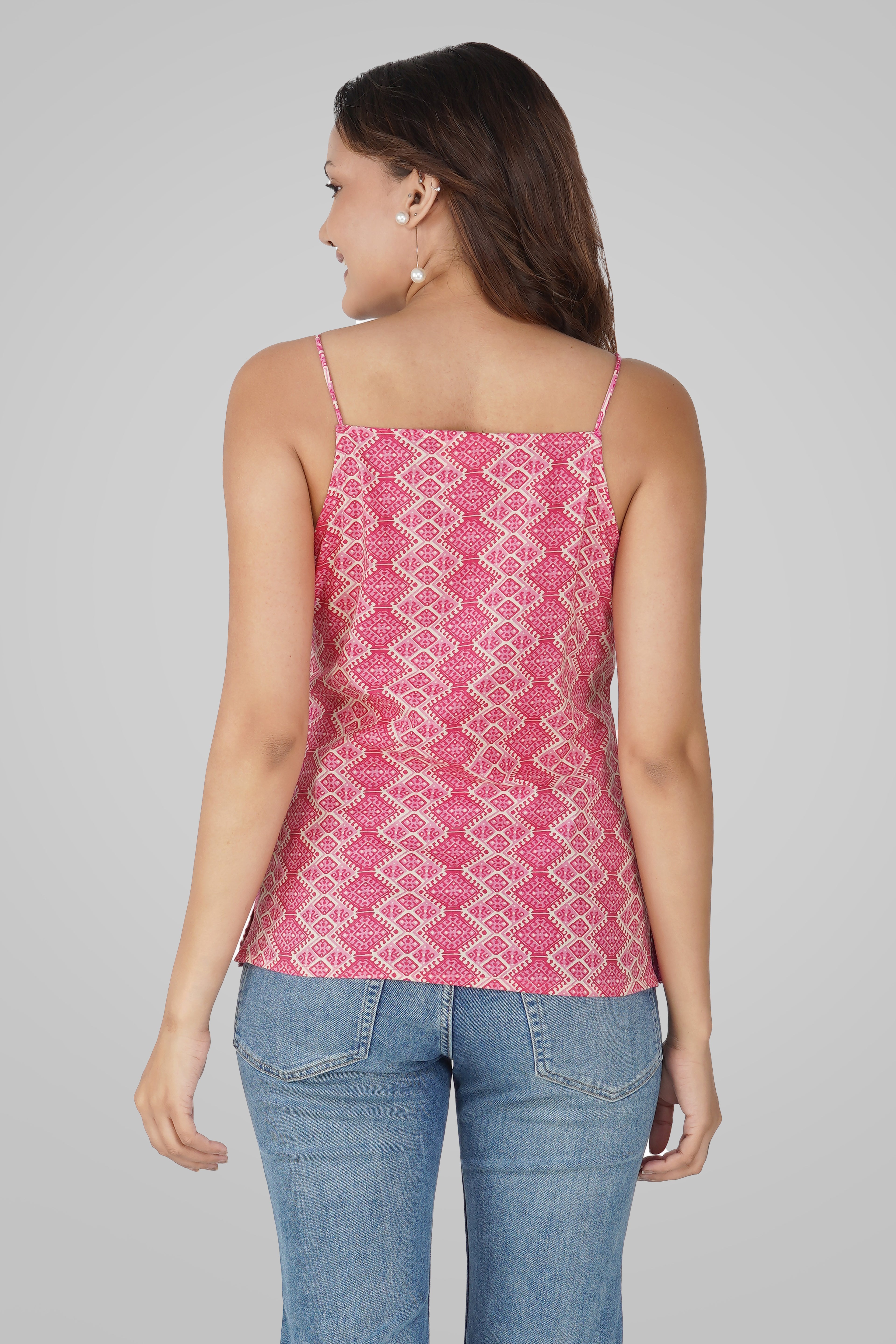 Deep Pink Cotton Printed Strap Top