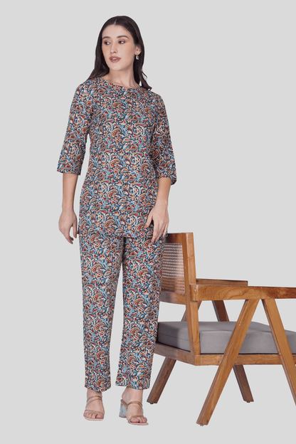 Deep Blue Cotton Printed Pyjama Set