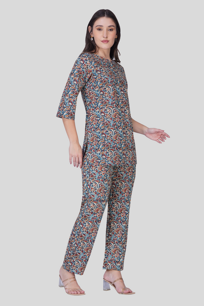 Deep Blue Cotton Printed Pyjama Set