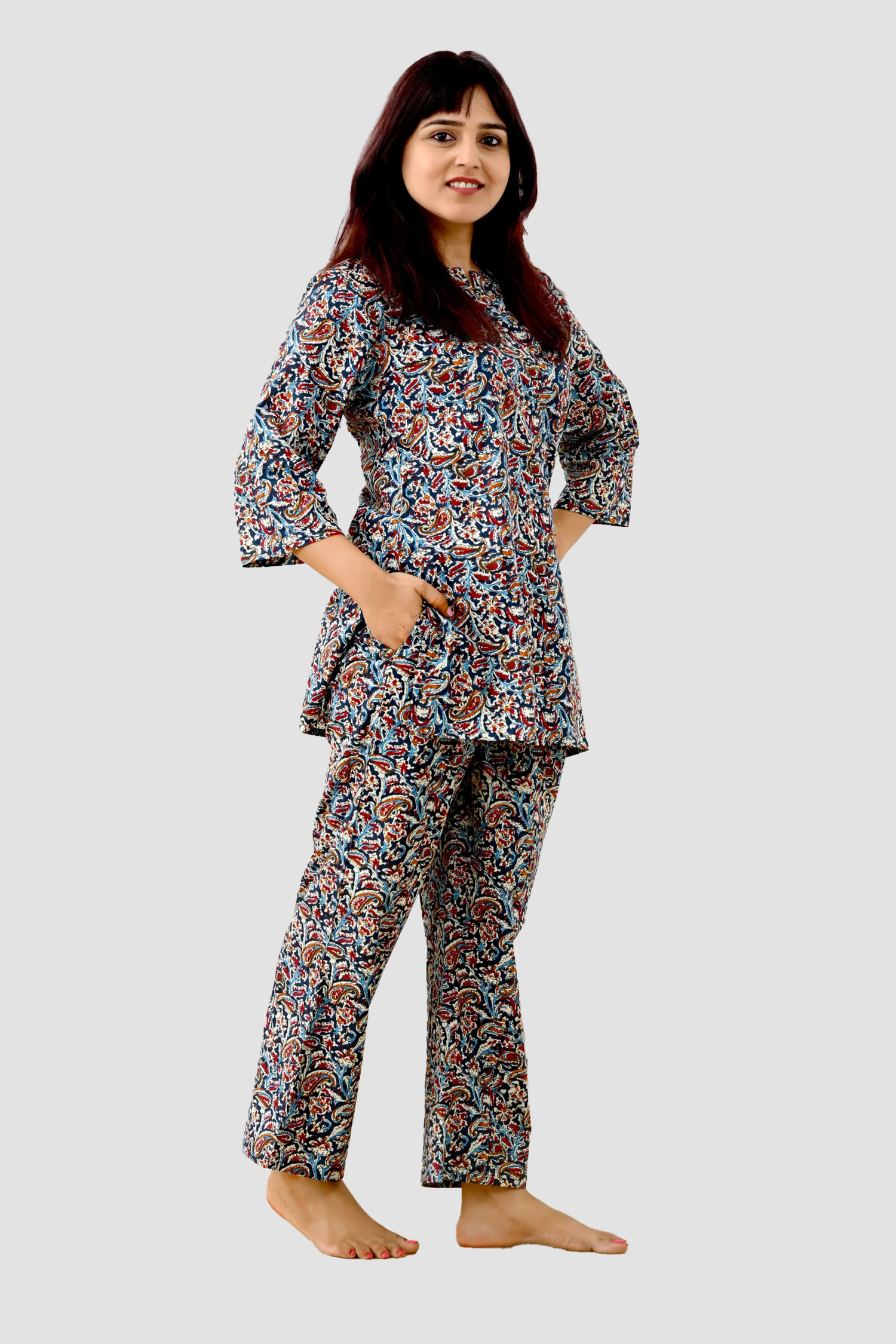 Deep Blue Cotton Printed Pyjama Set