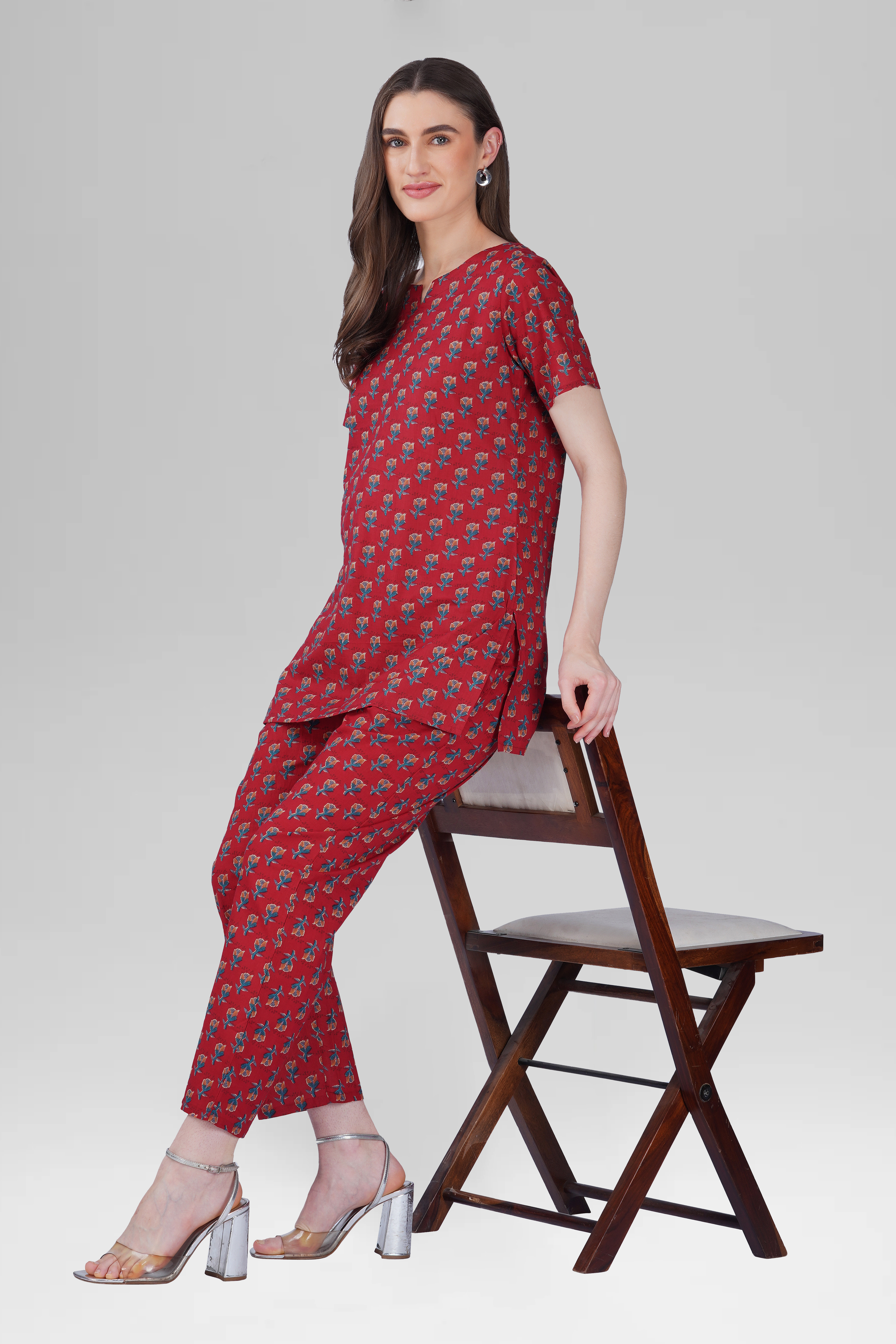 Deep Crimson Cotton Printed Pyjama Set