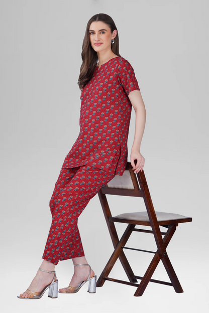 Deep Crimson Cotton Printed Pyjama Set