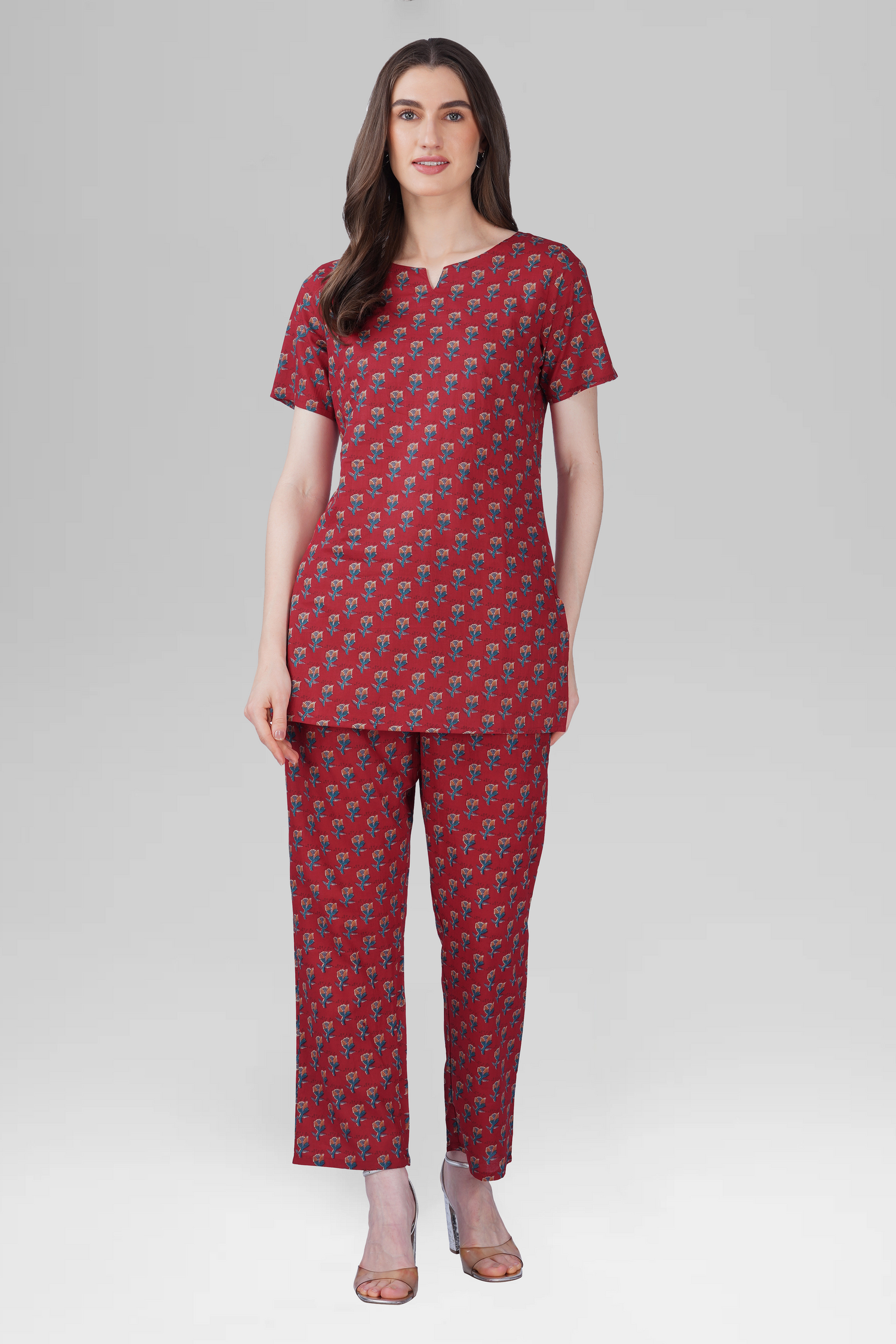 Deep Crimson Cotton Printed Pyjama Set