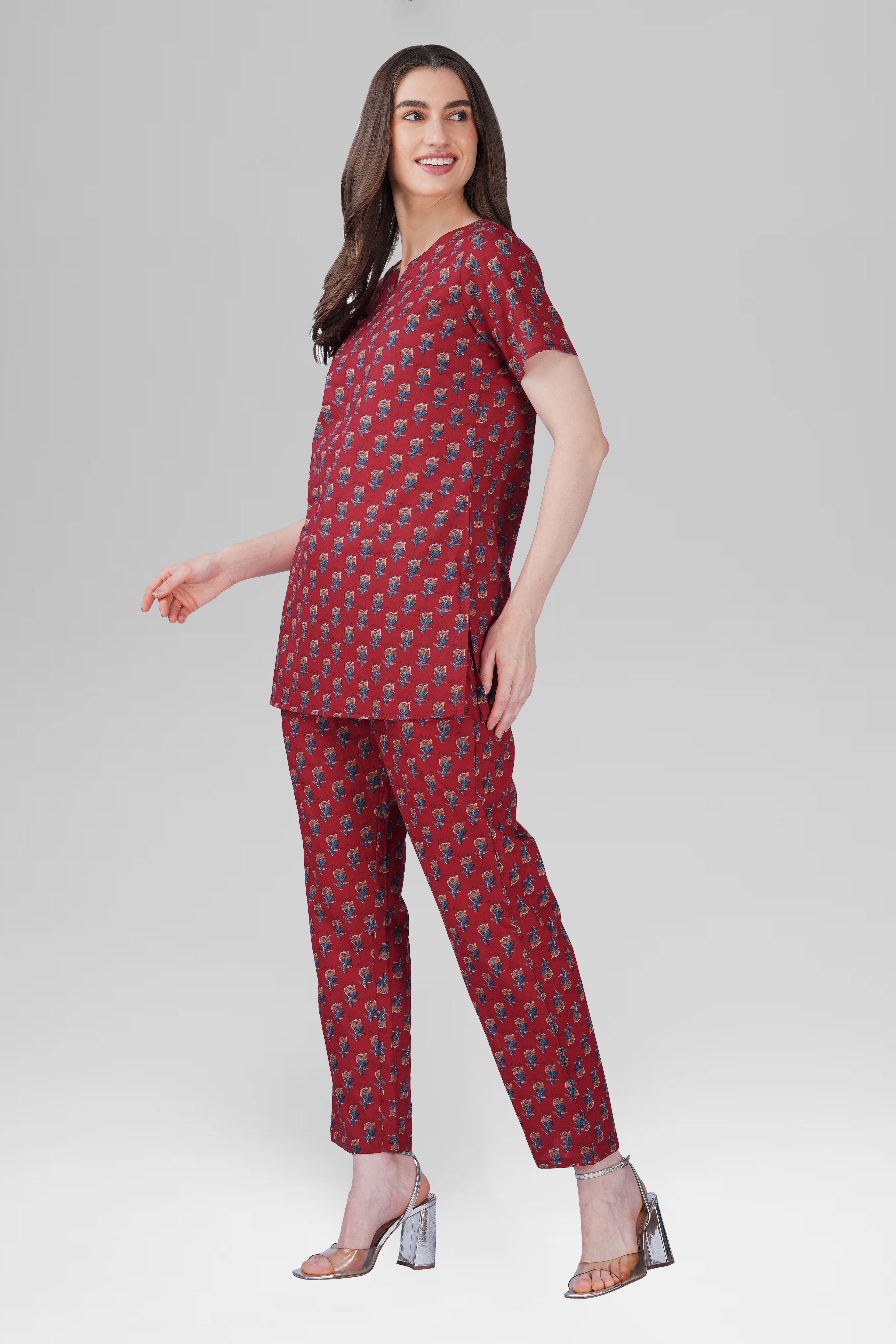 Deep Crimson Cotton Printed Pyjama Set