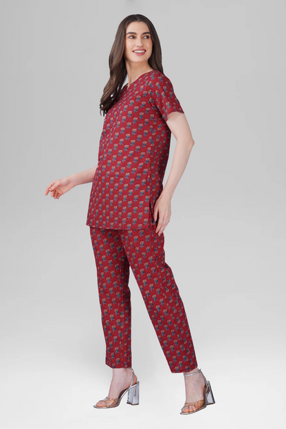 Deep Crimson Cotton Printed Pyjama Set