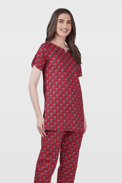 Deep Crimson Cotton Printed Pyjama Set