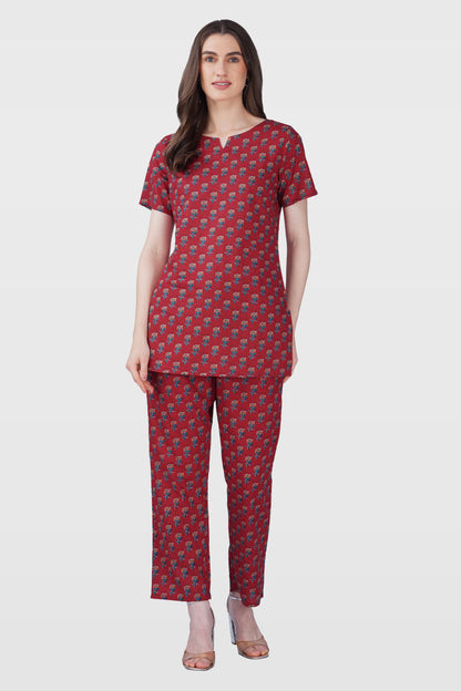Deep Crimson Cotton Printed Pyjama Set