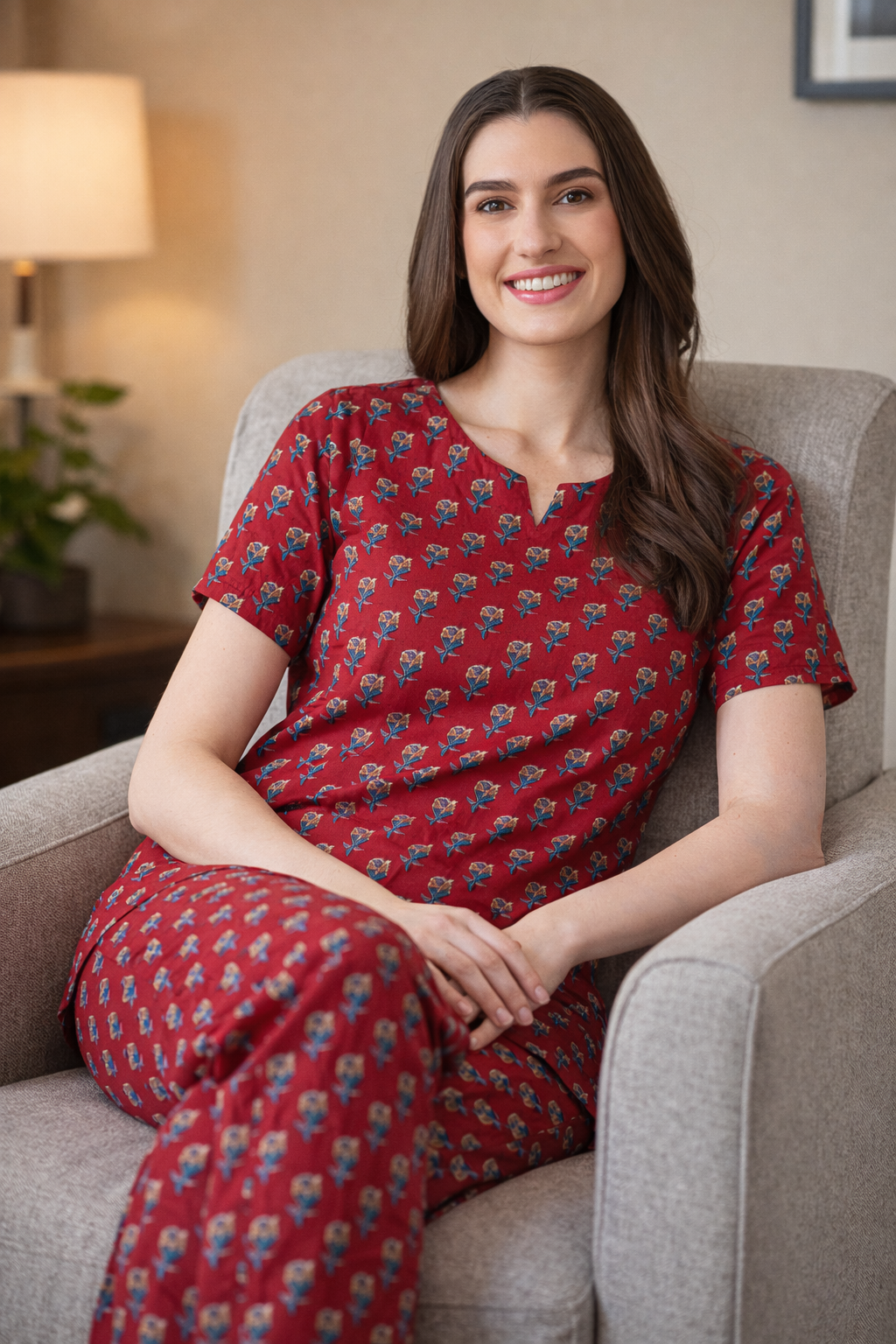 Deep Crimson Cotton Printed Pyjama Set