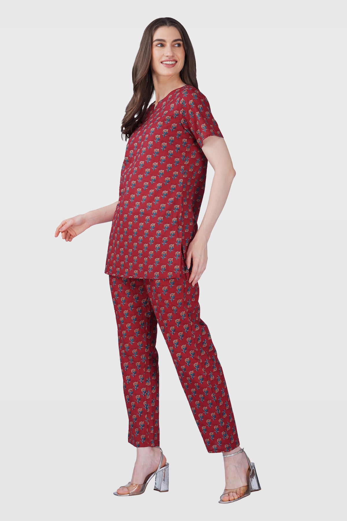 Deep Crimson Cotton Printed Pyjama Set