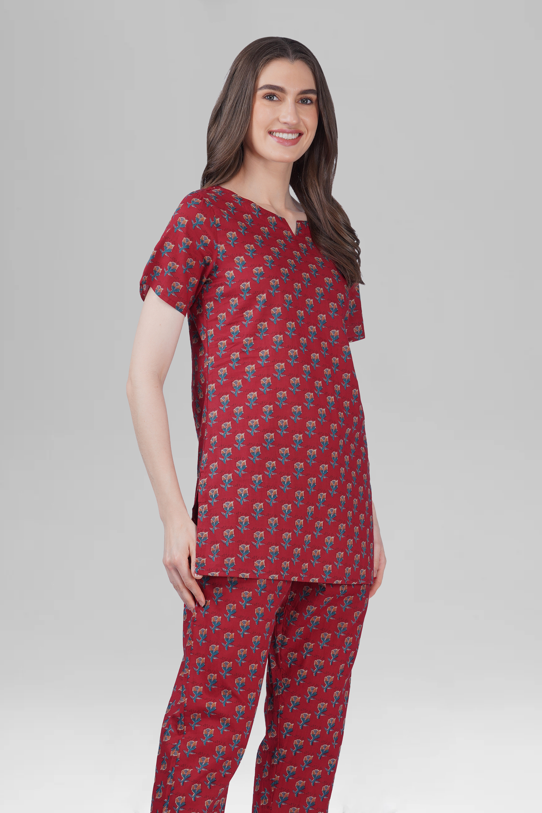 Deep Crimson Cotton Printed Pyjama Set