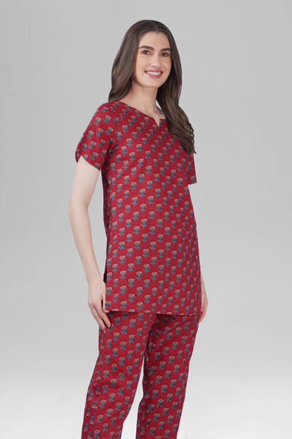 Deep Crimson Cotton Printed Pyjama Set