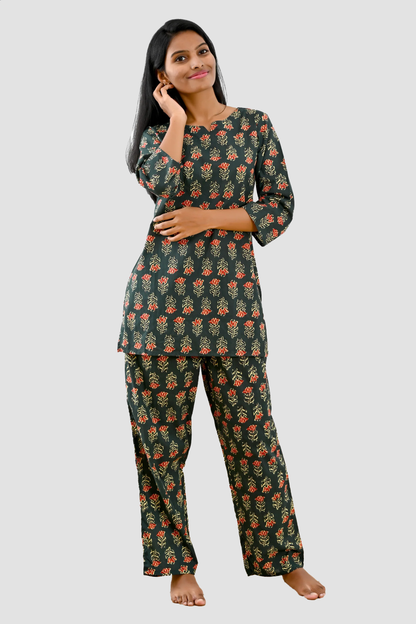Deep Green Cotton Printed Pyjama Set