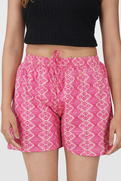 Deep Pink Cotton Printed Shorts