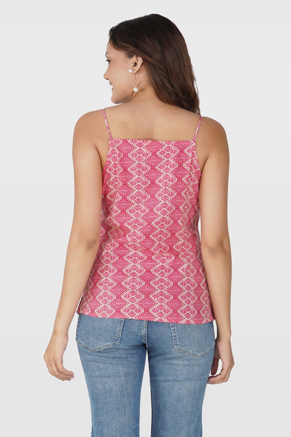 Deep Pink Cotton Printed Strap Top