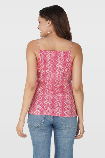 Deep Pink Cotton Printed Strap Top