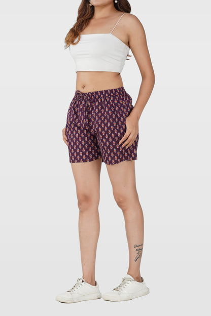 Deep Purple Cotton Printed Shorts