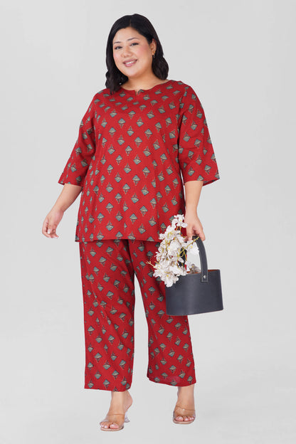 Deep Red Plus Size Cotton Printed Pyjama Set