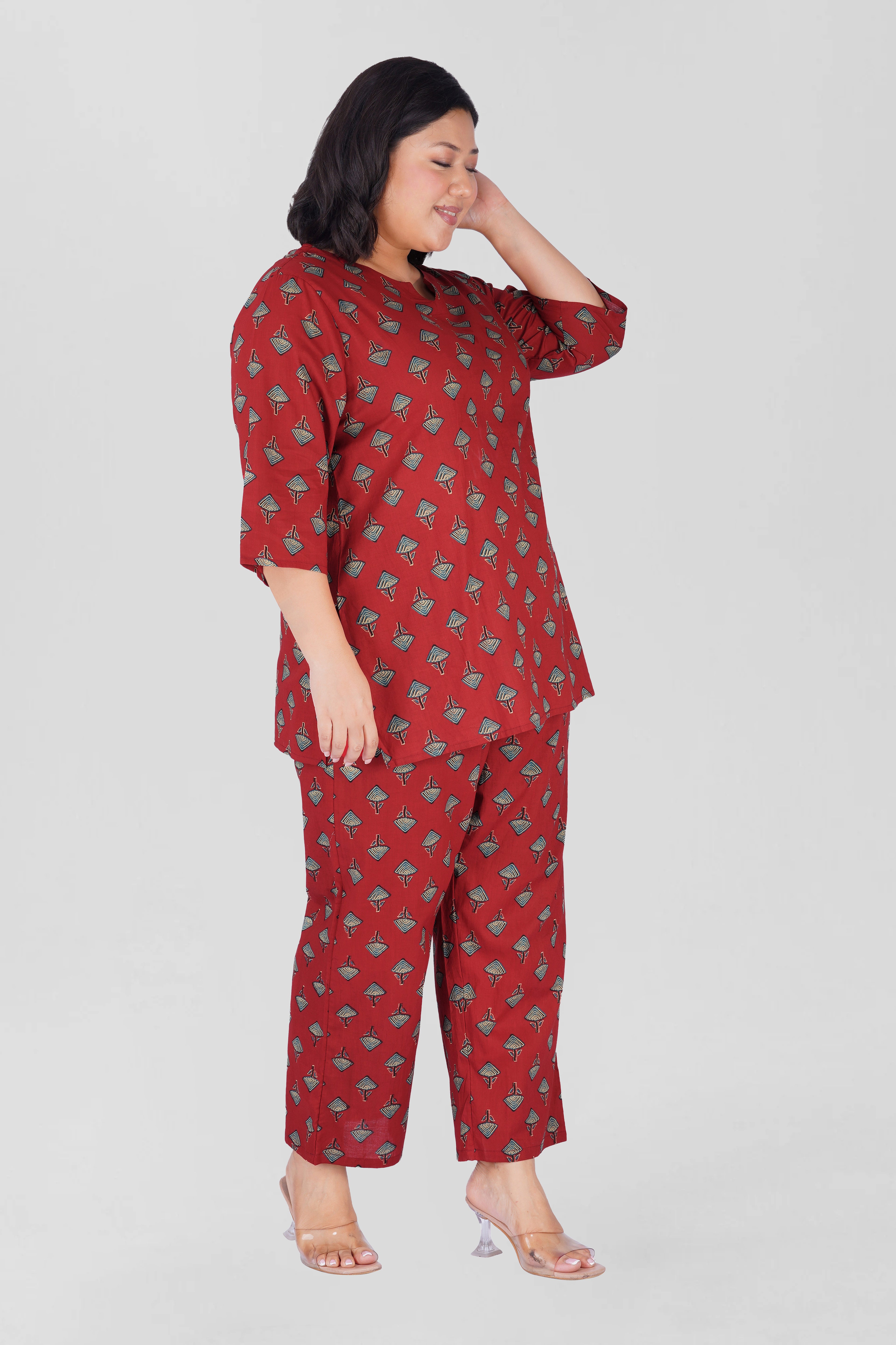 Deep Red Plus Size Cotton Printed Pyjama Set