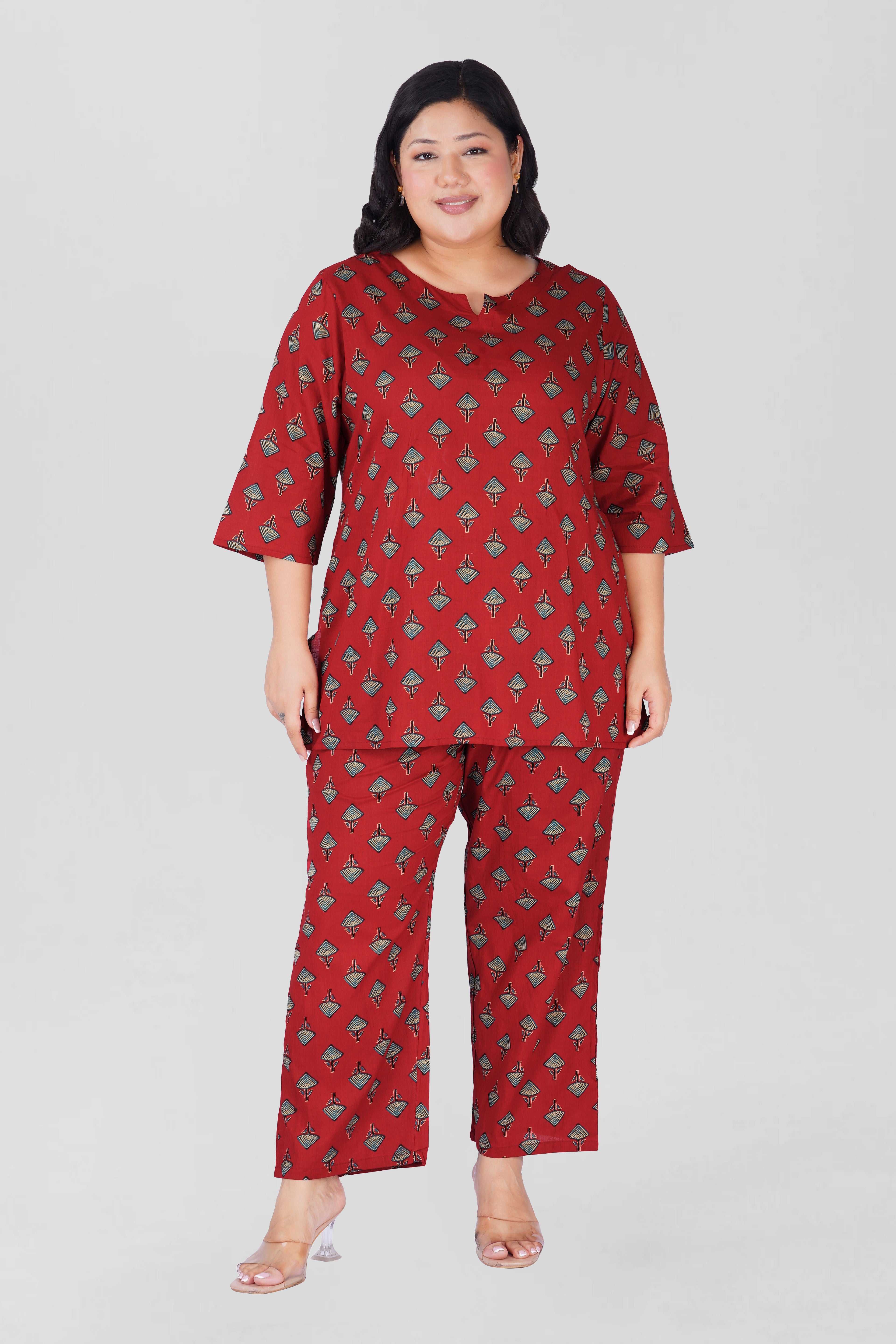 Deep Red Plus Size Cotton Printed Pyjama Set