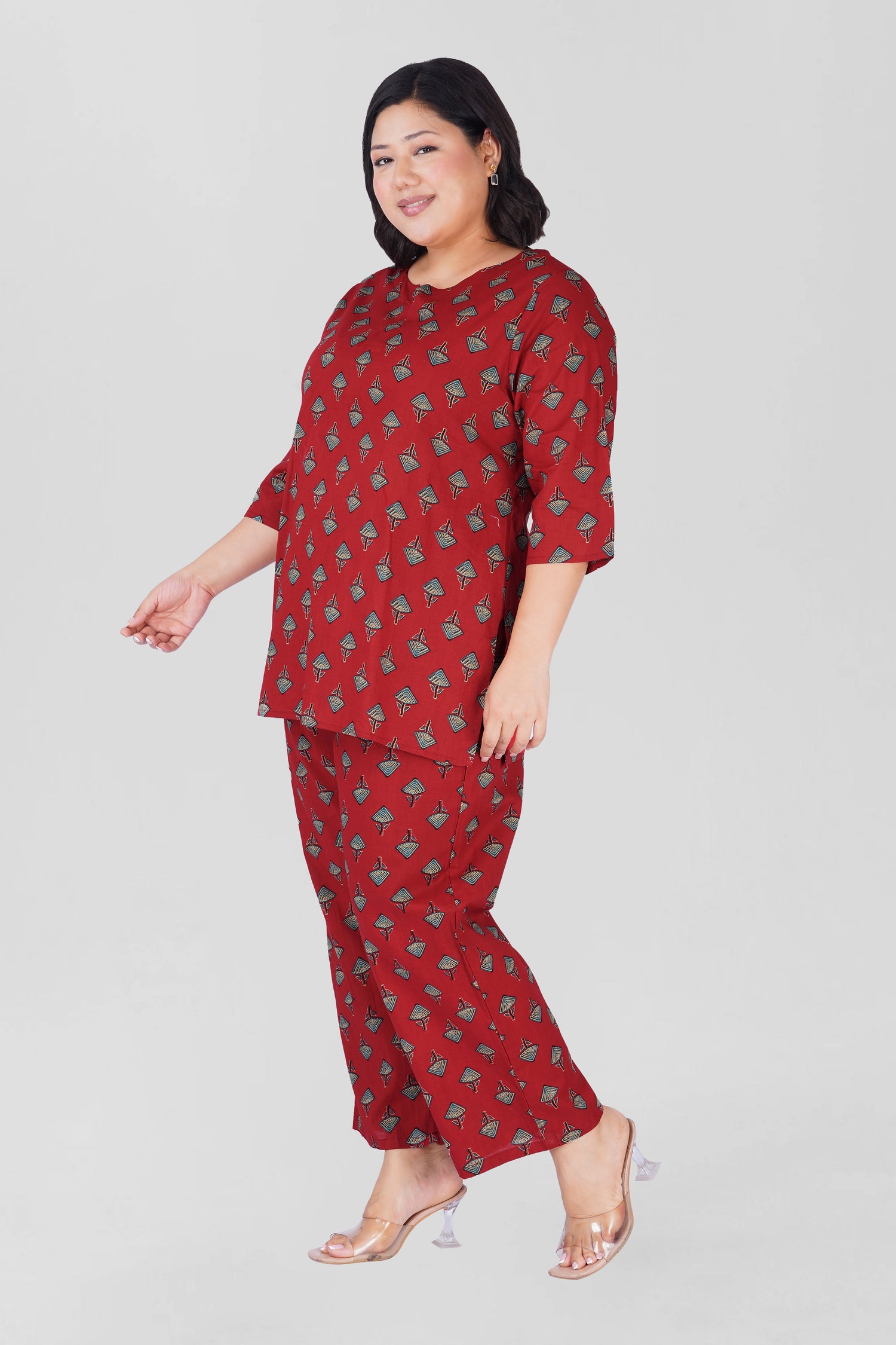 Deep Red Plus Size Cotton Printed Pyjama Set