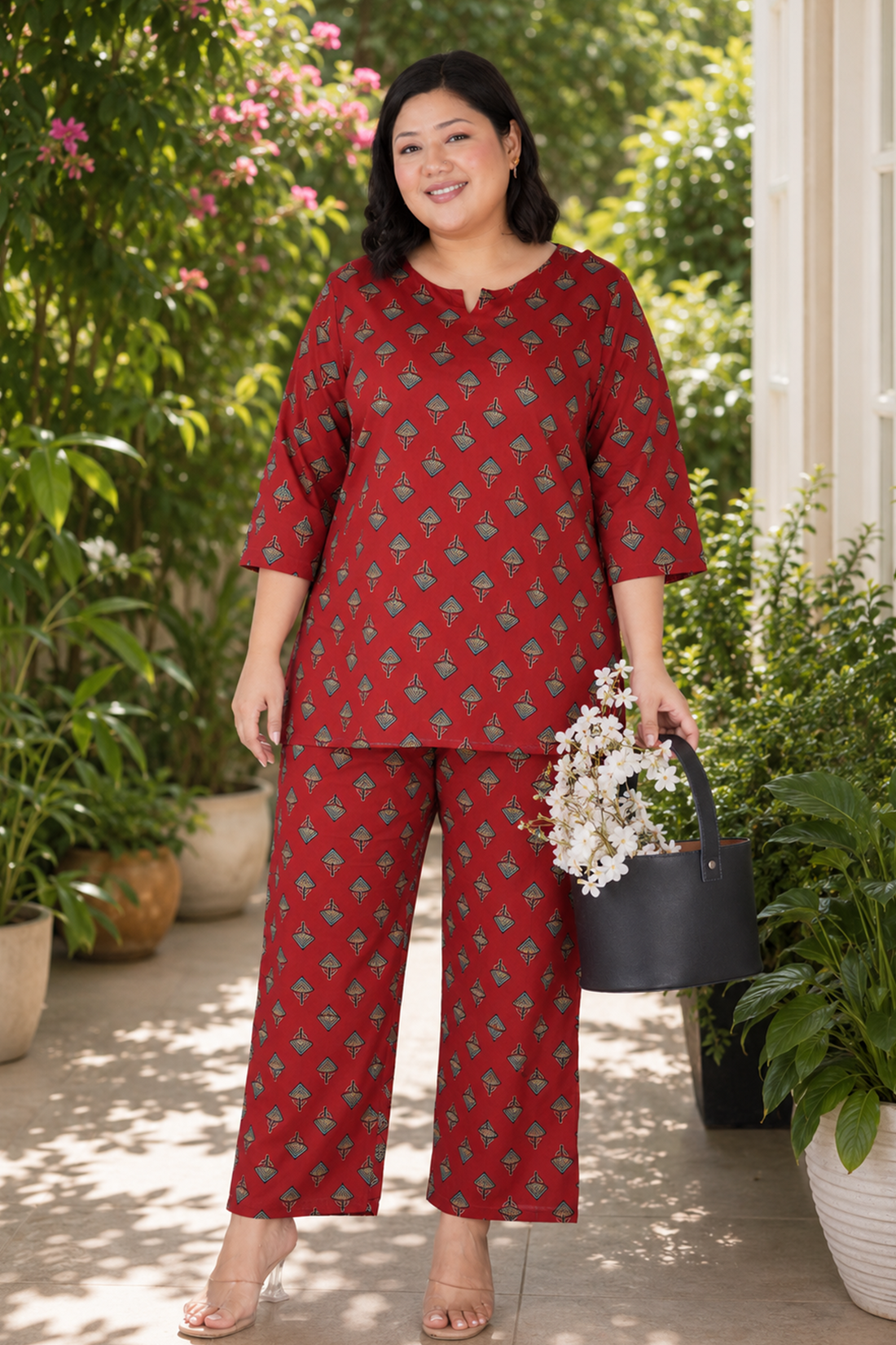 Deep Red Plus Size Cotton Printed Pyjama Set