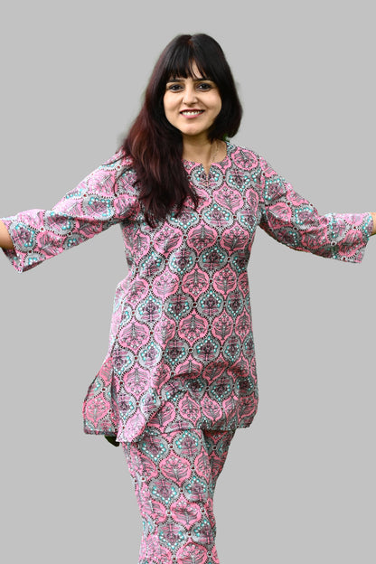 Dusty Pink Cotton Printed Pyjama Set