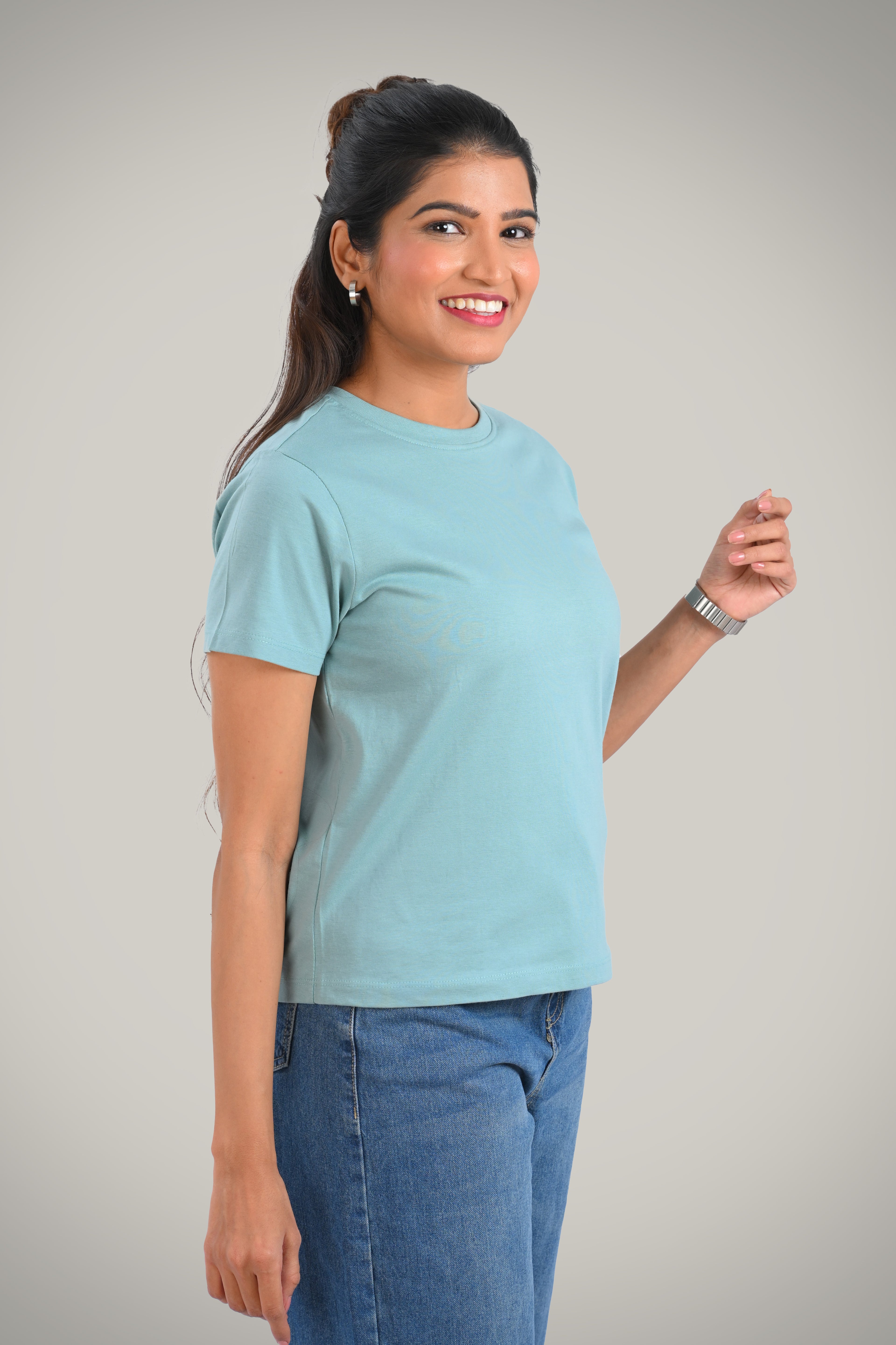 Dusty Teal Cotton Crew Neck T-Shirt