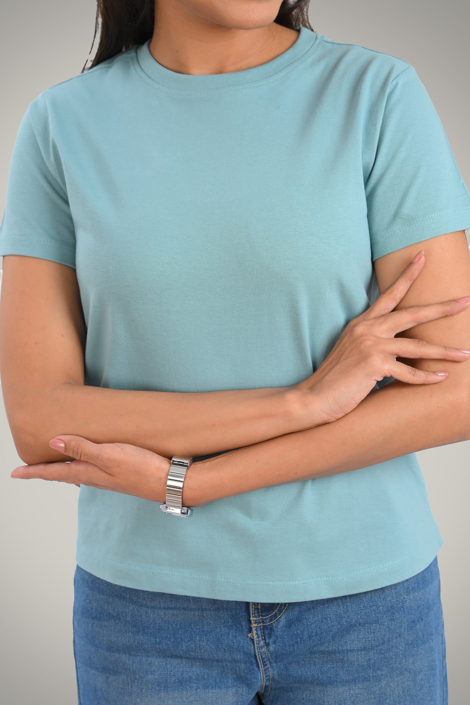 Dusty Teal Cotton Crew Neck T-Shirt