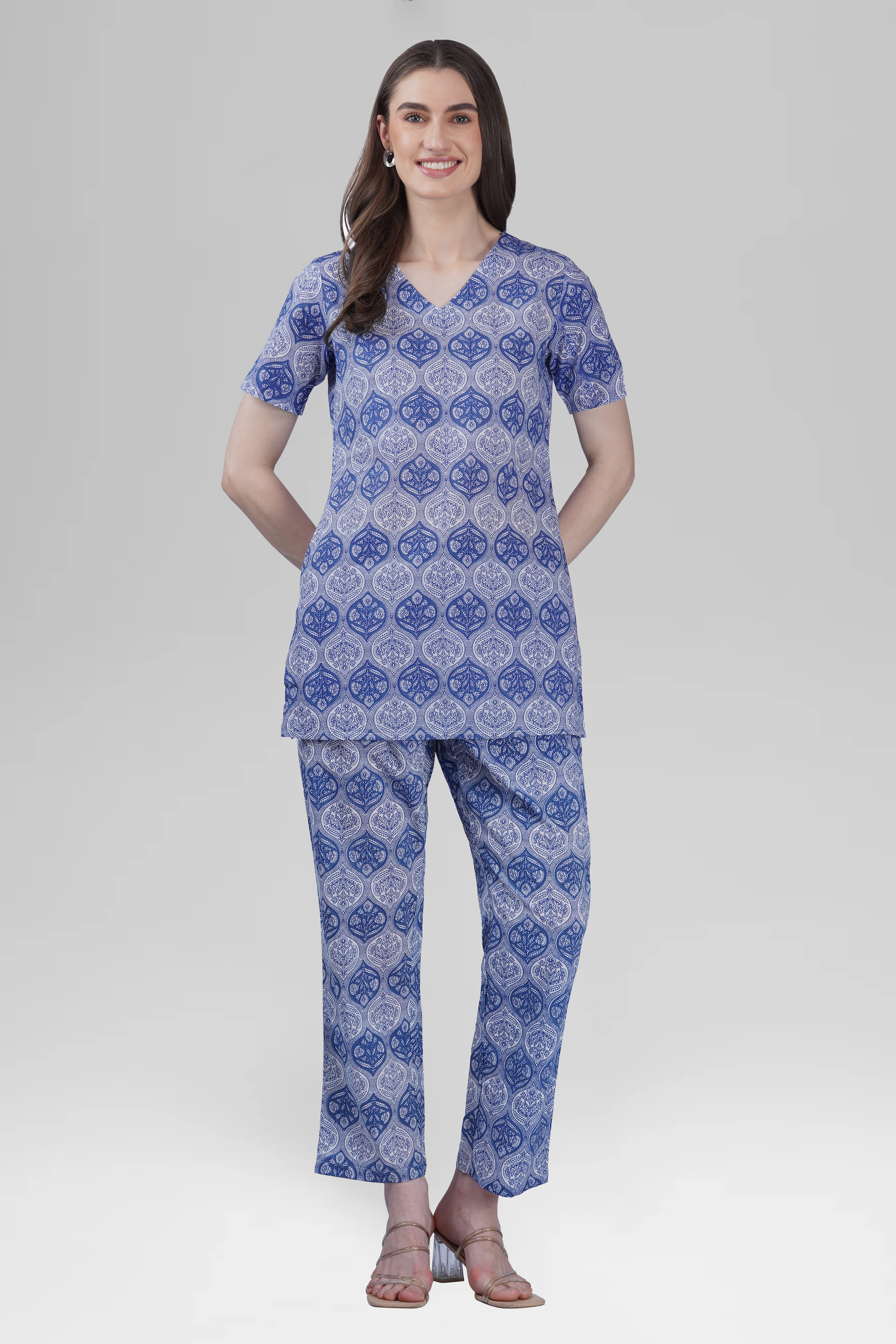 Dusty Blue V Neck Cotton Printed Pyjama Set