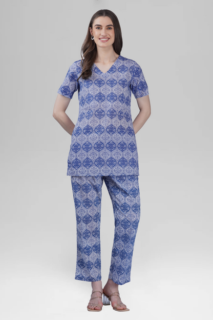 Dusty Blue V Neck Cotton Printed Pyjama Set