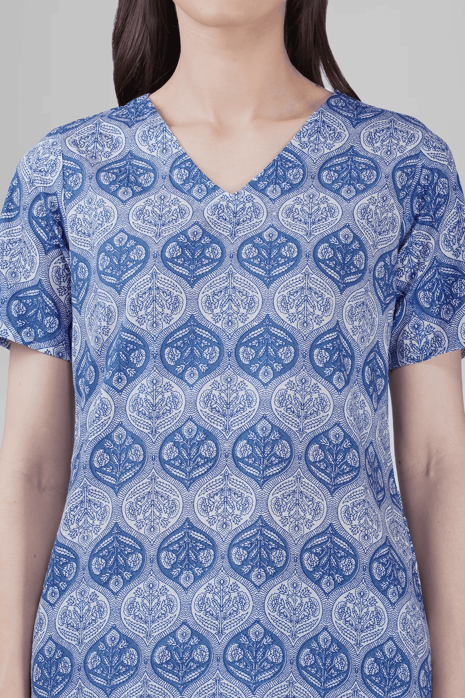 Dusty Blue V Neck Cotton Printed Pyjama Set