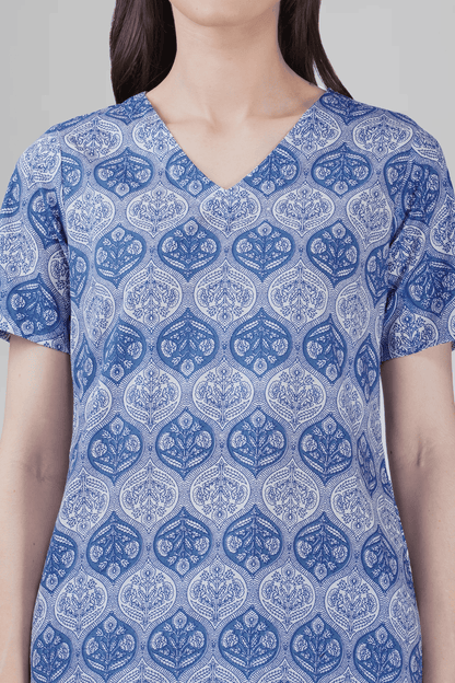 Dusty Blue V Neck Cotton Printed Pyjama Set