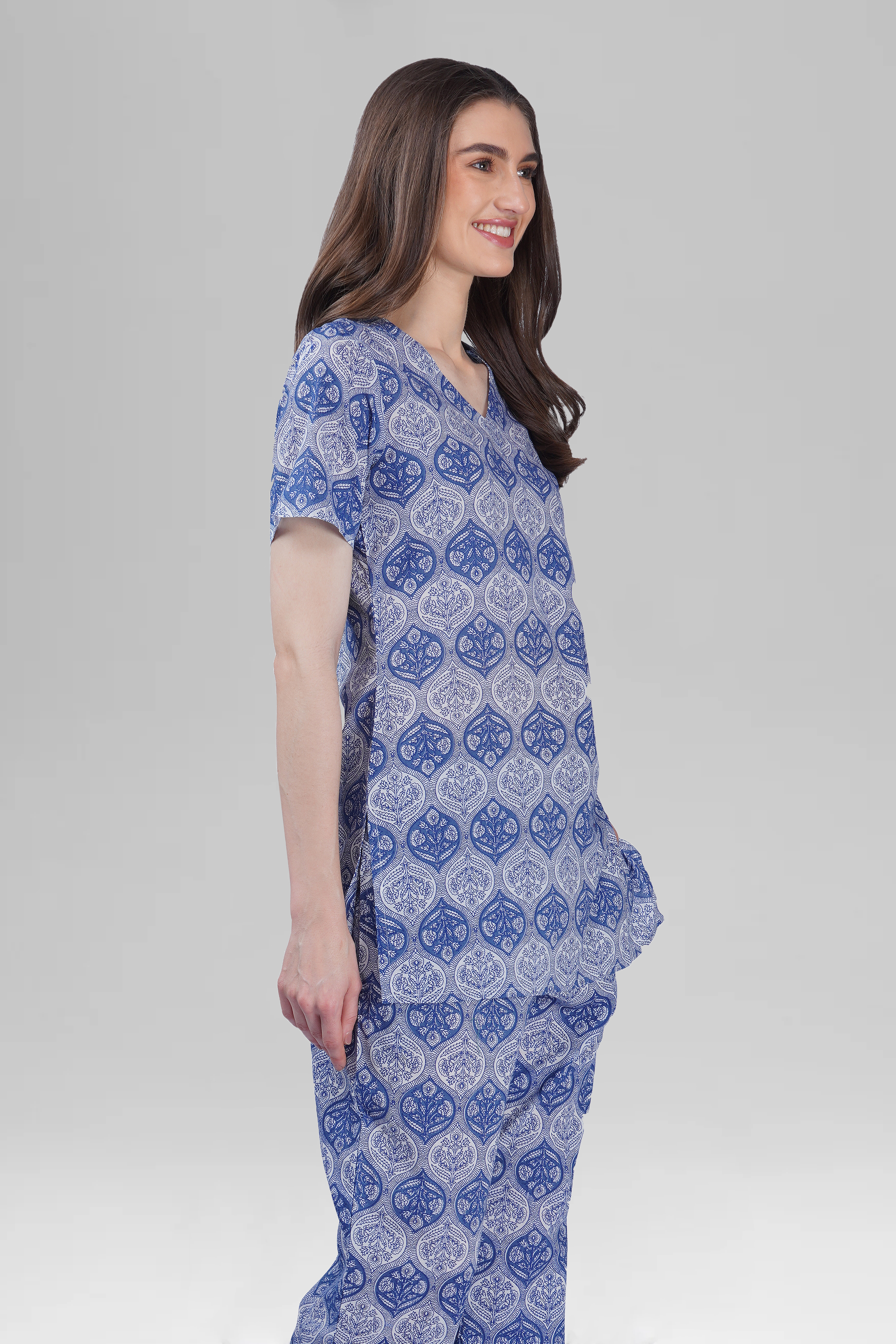 Dusty Blue V Neck Cotton Printed Pyjama Set