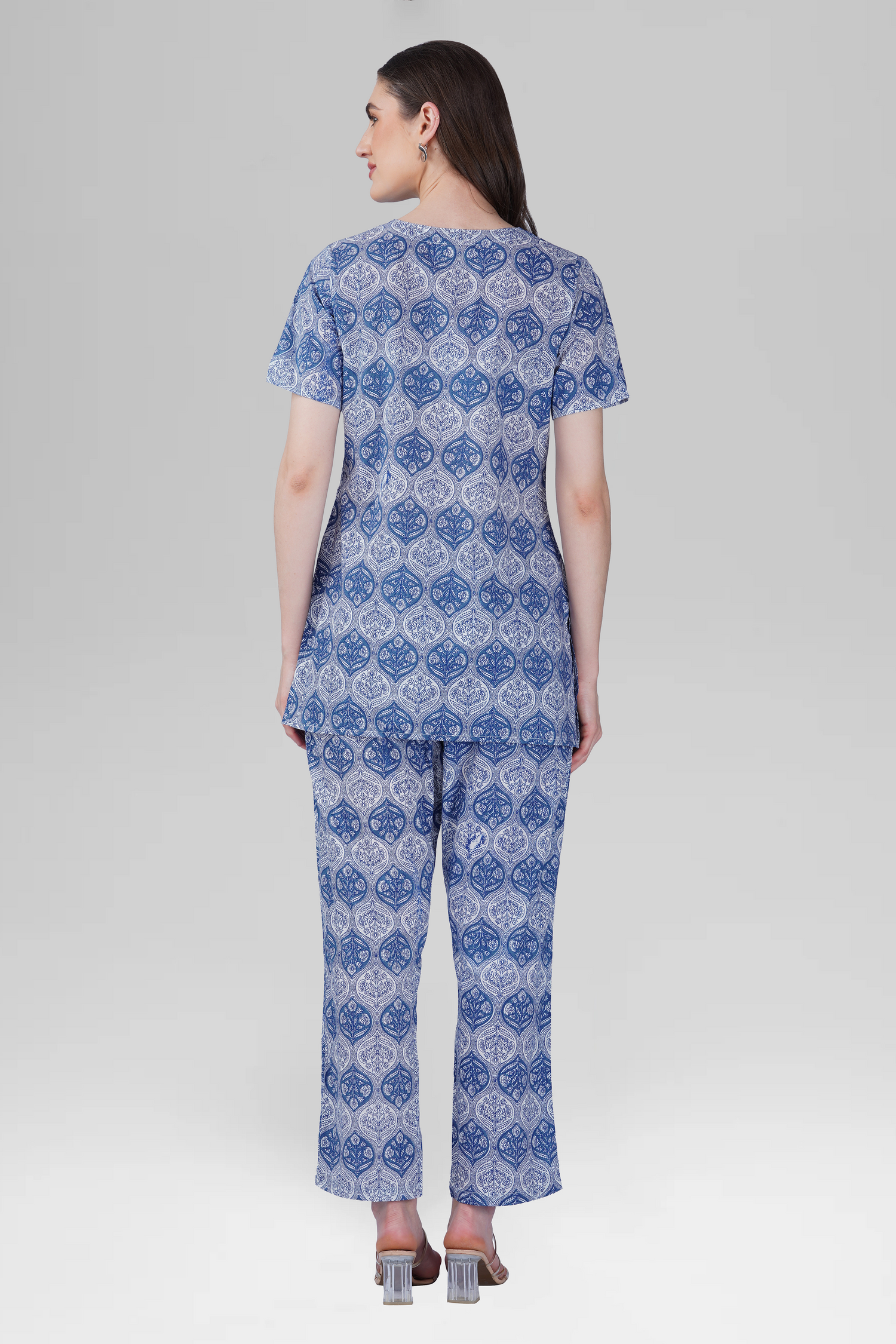 Dusty Blue V Neck Cotton Printed Pyjama Set