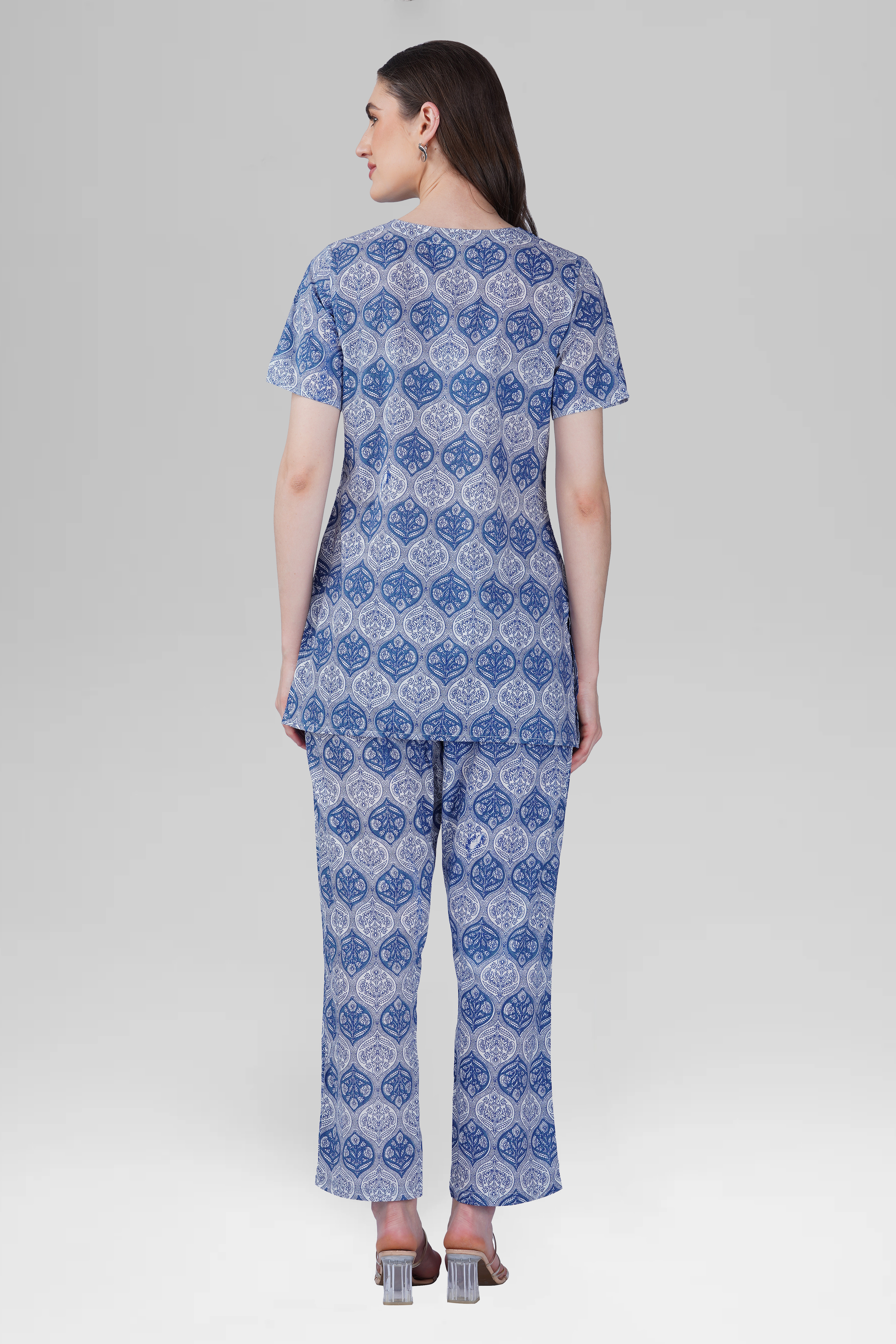 Dusty Blue V Neck Cotton Printed Pyjama Set