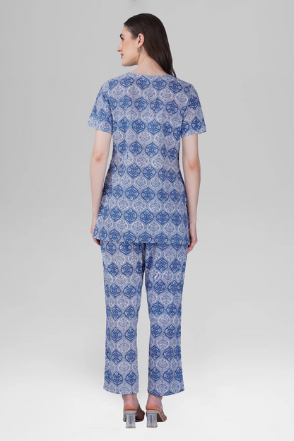 Dusty Blue V Neck Cotton Printed Pyjama Set