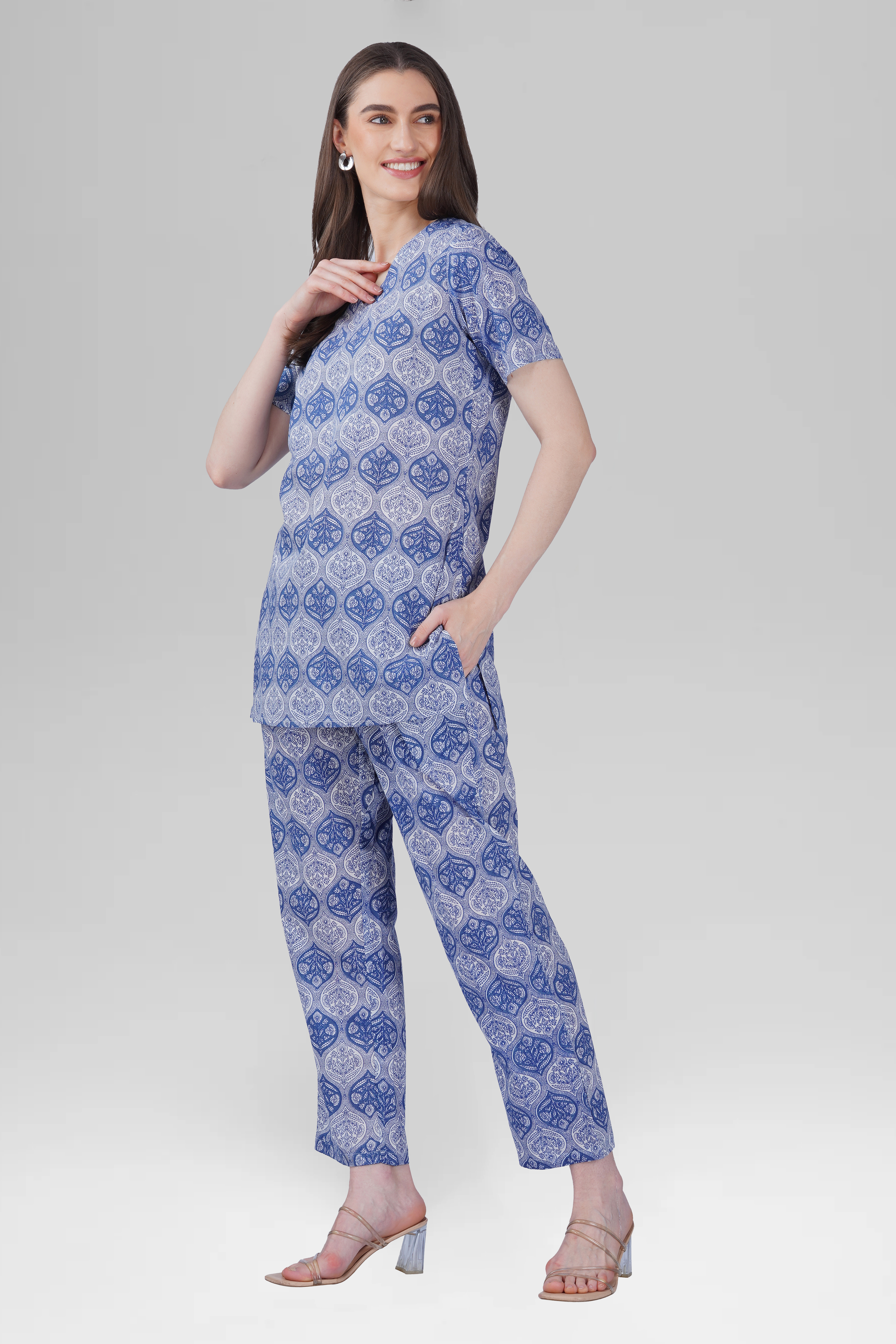 Dusty Blue V Neck Cotton Printed Pyjama Set