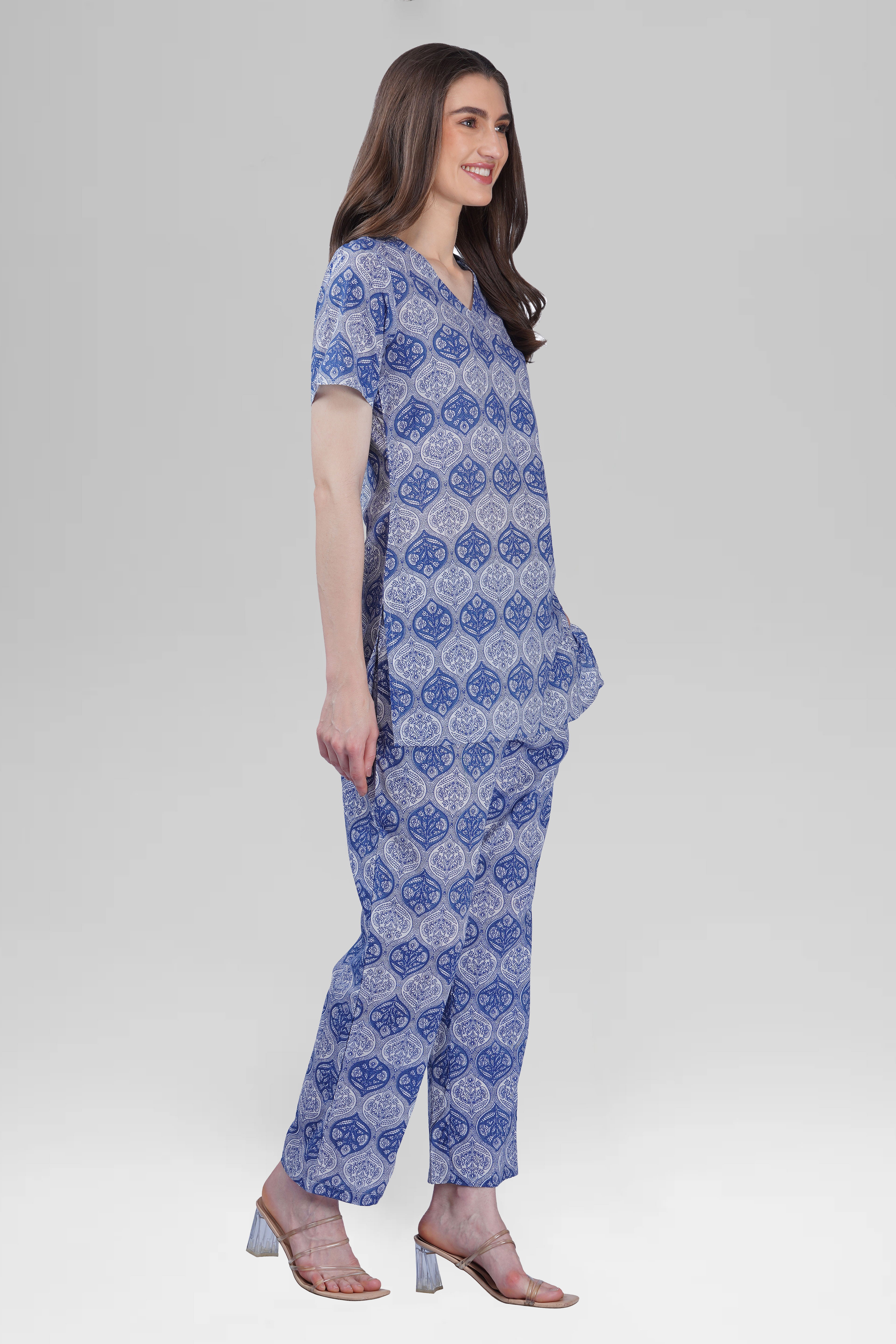 Dusty Blue V Neck Cotton Printed Pyjama Set